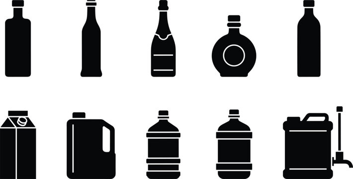 Beverage container silhouette vector icons set including bottles cartons and jerrycans packaging drinks isolated on white
