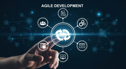 Fototapeta premium Agile Development Digital Transformation: Modern Software Development Cycle and Teamwork Efficiency Illustrated on a Digital Interface