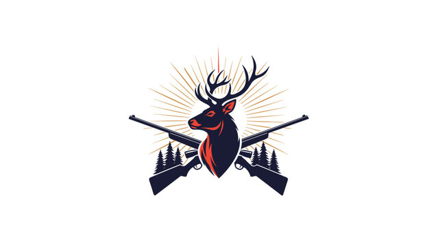 Outdoor hunting emblem featuring a majestic deer head with large antlers centered between two crossed rifles and stylized green pine trees.