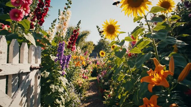 A vibrant garden in full bloom showcasing a variety of colorful flowers, sunflowers standing tall, with a rustic white gate opening to a sunlit path, inviting exploration and tranquility