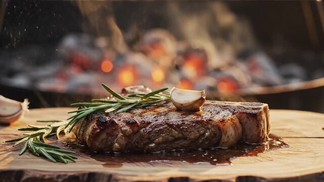 A perfectly grilled steak garnished with fresh rosemary and garlic, resting on a wooden board, with a smoky barbecue fire glowing in the background, ideal for culinary presentations