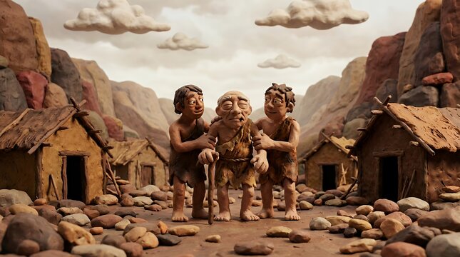 Ancient Village Clay Figures: Tribal Elders and Young Helpers in Prehistoric Valley