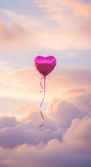 Obraz premium Shiny purple heart balloon with ribbon floats against soft clouds at dawn, representing love, joy, hope, and Valentine's Day celebration