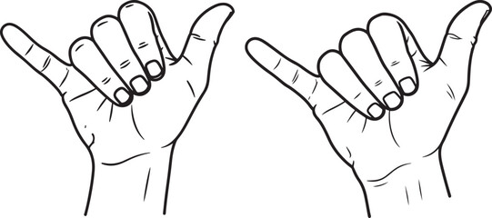 Obraz premium Shaka hand gesture illustration in black and white outline, symbolizing surfing, aloha spirit, and a laid-back, cool vibe.