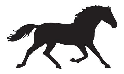 Obraz premium Elegant black horse silhouette in a stylized trotting or cantering pose, isolated on a clean white background, conveying grace and motion.