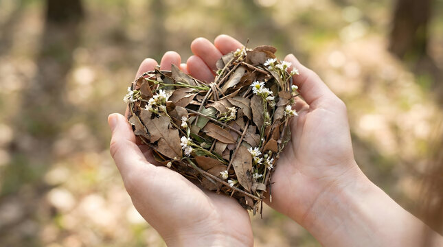 Hands holding rustic heart made of dried leaves and wild white flowers