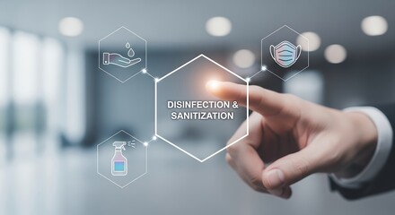 Obraz premium A person touching a virtual interface showing disinfection and sanitization elements