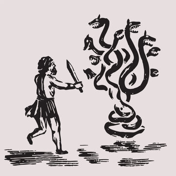Illustration of Heracles Fighting the Regenerating Hydra in Greek Mythology