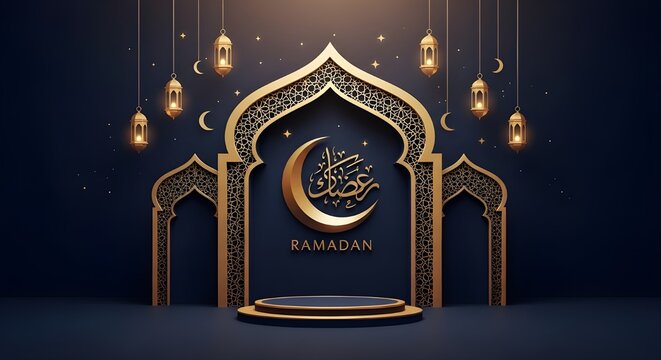 Ramadan mubarak decorations with golden arch and crescent moon symbol