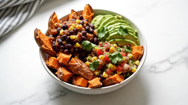 A close-up view of a hand holding a card labeled 'Plant-Based' over a bowl filled with sweet potato wedges, black beans, corn, and avocado, set on a marble countertop with a striped cloth in the backg