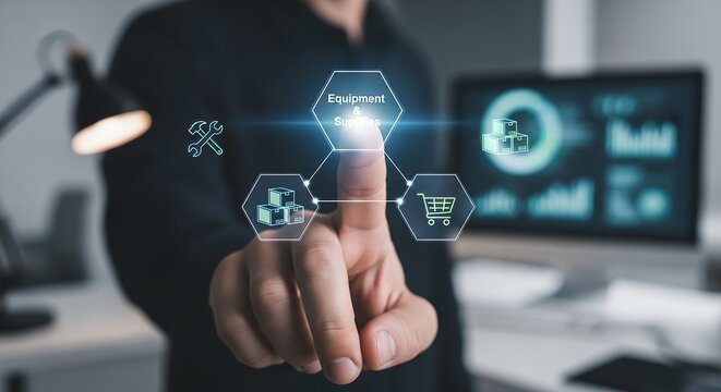 A person interacting with a futuristic digital interface of business analytics tools