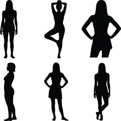 Human silhouette poses, standing figures, yoga posture icons, black body shapes, vector design for anatomy, fitness, art reference, gesture drawing, motion