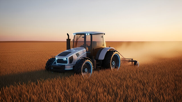 Cutting-edge agricultural machinery works a golden field at dawn, embodying the future of farming with its sleek design and advanced technology, illuminated by the warm light of a new day