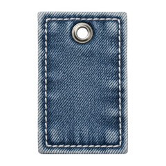 Denim label with metal grommet and white stitching on blue background isolated on transparent background