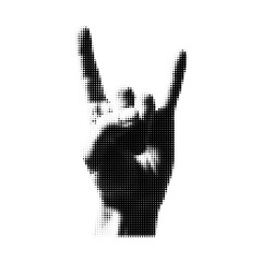 Halftone dotted style black hand making rock sign with index and pinky fingers raised isolated on white transparent background pixel pattern illustration