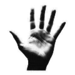 Obraz premium Halftone dotted monochrome human hand silhouette with open palm fingers spread isolated on transparent background black and white digital art