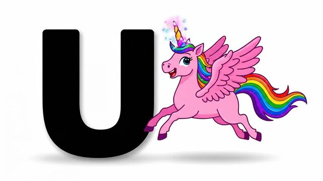 Magical learning adventure featuring a pink flying unicorn next to the black capital letter U on a white background, perfect for children's educational content or fantasy themed projects.