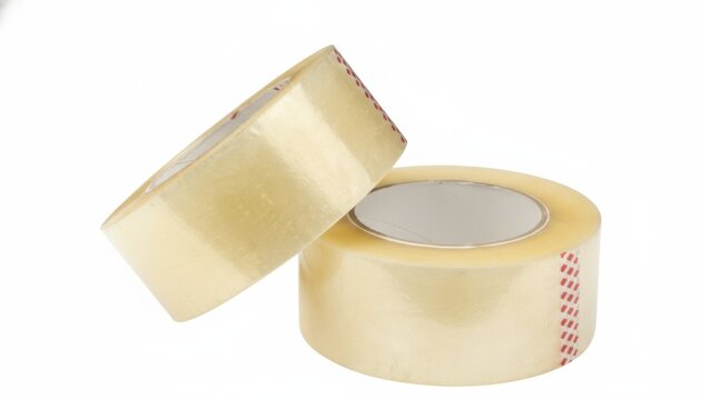 Two rolls of clear packing tape with red and white striped edges on white background