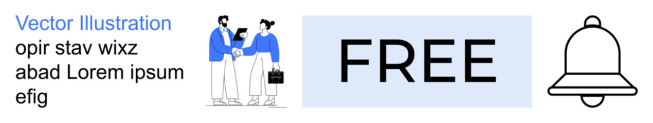 Obraz premium Business communication, marketing, notifications, alerts, teamwork, and advertisement. Two people interacting, the word FREE and a bell symbol. Business communication and marketing concept