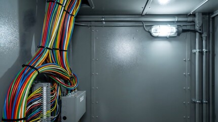 Colorful Electrical Wires and Terminal Blocks in Industrial Panel