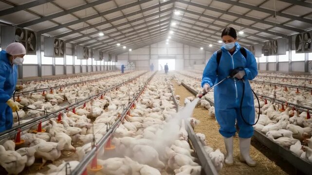 Veterinarian spraying poultry with a fine mist vaccine in a commercial farm environment highlighting efficient mass immunization methods for animal health.