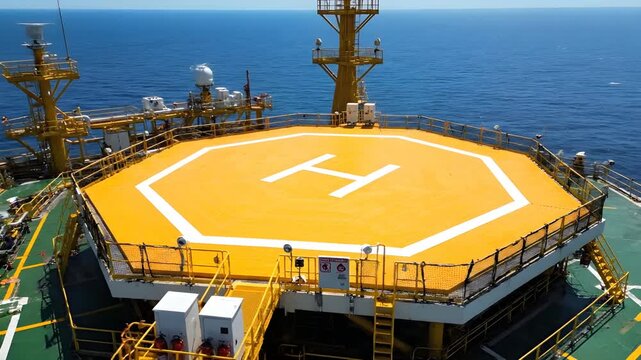Aerial view of a helipad on an offshore oil rig in the middle of the ocean with a yellow landing area and white markings