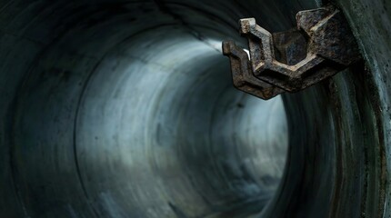 Rusty Metal Structures in Dark, Abandoned Industrial Tunnel
