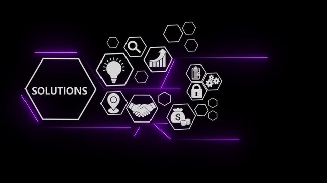 Solutions technology concept with digital business icons animation. Natural language processing interface with AI data visualization..