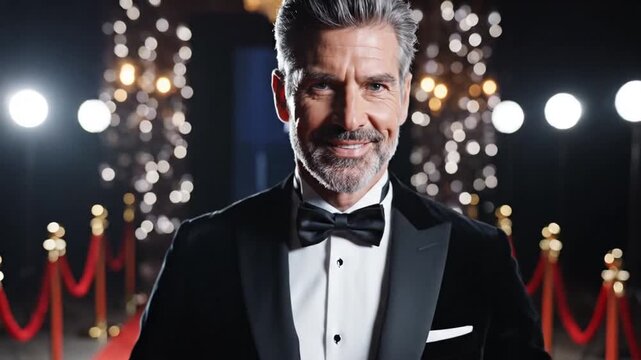 A distinguished man in a tuxedo adjusts his bow tie on a glamorous red carpet, with bright lights and elegant decor in the background, perfect for showcasing elegance and sophistication