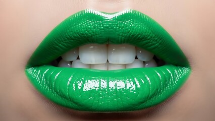 Vibrant green lipstick close-up