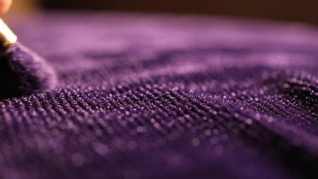 Close-up of purple fabric being embroidered with gold thread on a machine, with blurred background, for textile or craftsmanship use