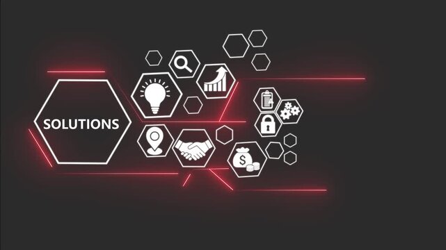 Solutions technology concept with digital business icons animation. Natural language processing interface with AI data visualization..