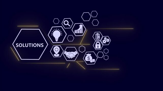 Solutions technology concept with digital business icons animation. Natural language processing interface with AI data visualization..