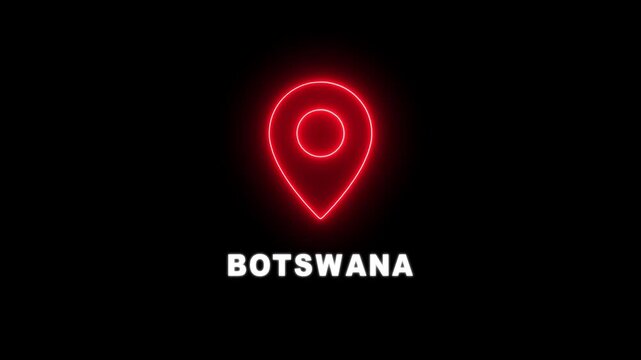 Botswana is looping Location Pins over the country, Digital Screen, black background 4K Resolution video. Glowing Botswana text up down Location Pins alpha channel Location Pins animation. 4K video