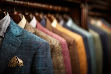 Fototapeta premium Close-up shot of colorful suit jackets hanging in wardrobe. Great for men's fashion, style or business concepts.
