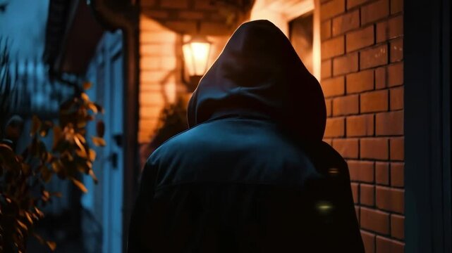 A dark figure in a hood at the illuminated entrance creates an unsettling atmosphere, emphasising the theme of safety or danger &mdash; the perfect atmospheric backdrop for social projects about crime.
