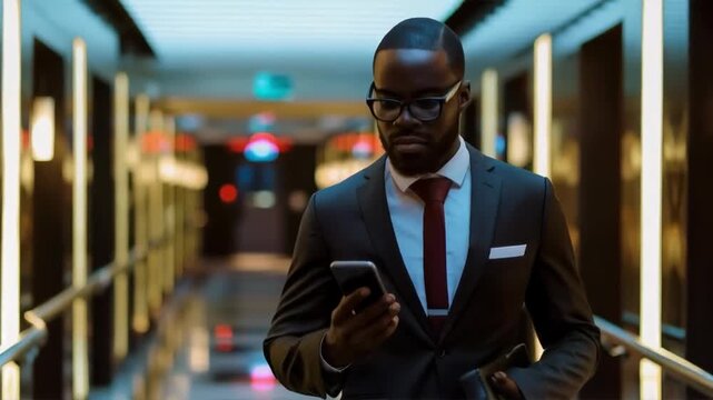 A businessperson wearing glasses and a suit checks their phone in a modern corridor, illustrating the dynamics of city life &mdash; a suitable background for presentations on business and technology.
