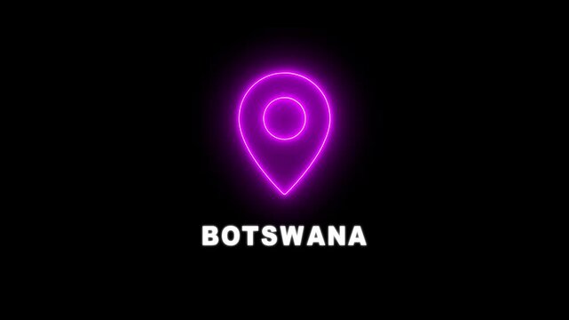Botswana is looping Location Pins over the country, Digital Screen, black background 4K Resolution video. Glowing botswana text up down Location Pins alpha channel Location Pins animation. 4K video