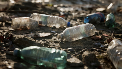 Fototapeta premium Beach shore covered in plastic bottles, ocean pollution disaster