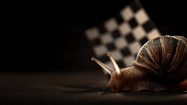Snail race winner crossing the finish line against a black backdrop