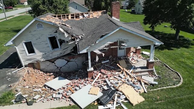 A severely damaged house with collapsed roof and scattered debris in the yard, showcasing the aftermath of structural failure in a suburban neighborhood