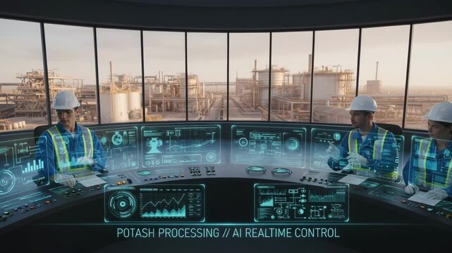 Shot of engineers monitoring smart control panels that adjust potash processing parameters in realtime using AI technology.