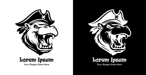 Fototapeta premium Logo design in the shape of a hippopotamus head wearing a pirate hat