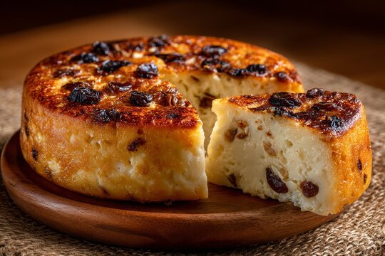 Chhena Poda close-up, round golden-brown cake with slice revealing texture. Concept of warm rustic setting, cottage cheese roasted Indian traditional dessert.