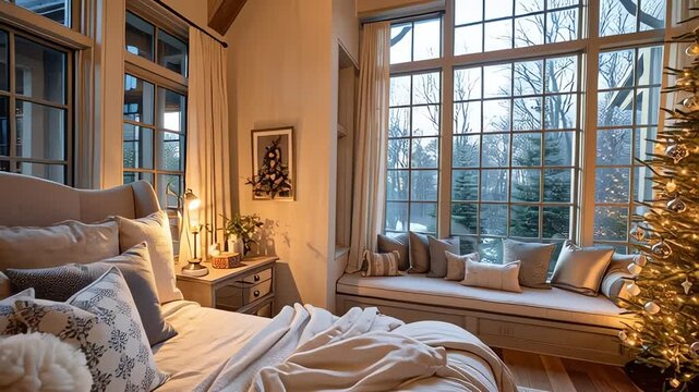 Cozy Luxury Bedroom with Christmas Tree and Winter Window View