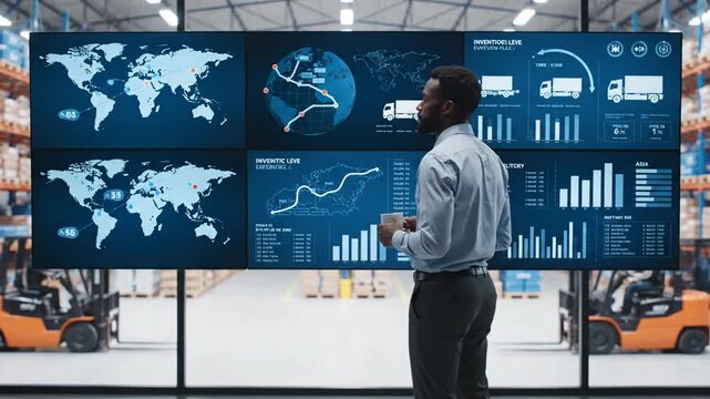 A business professional analyzing logistics data on large screens in a modern warehouse, while forklifts operate in the background, showcasing efficient supply chain management