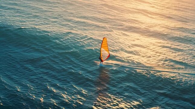 Windsurfer sails across open ocean water at golden hour