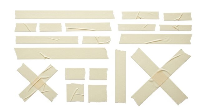 Beige painter's tape strips and crosses, torn edges, isolated on white background