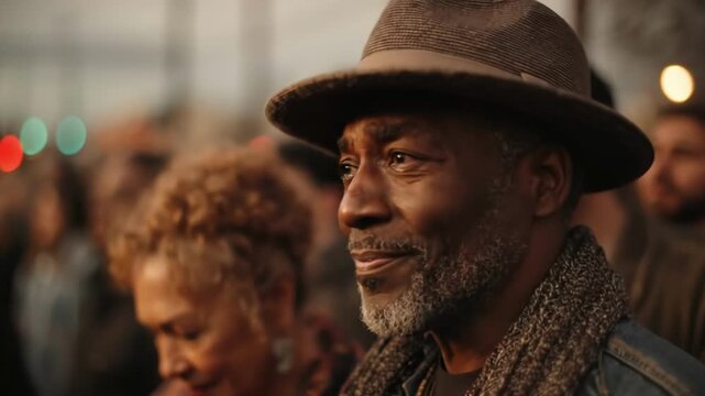 Close-up of a mature African American man in brown fedora hat and gray scarf, gazing upward thoughtfully beside an elderly woman with short curly hair, both in a vibrant urban crowd at dusk with blurr