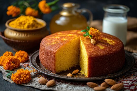 Chhena Poda on rustic wooden table, golden-brown crust topped with marigold flowers. Concept of cozy atmosphere, cottage cheese roasted Indian traditional dessert.